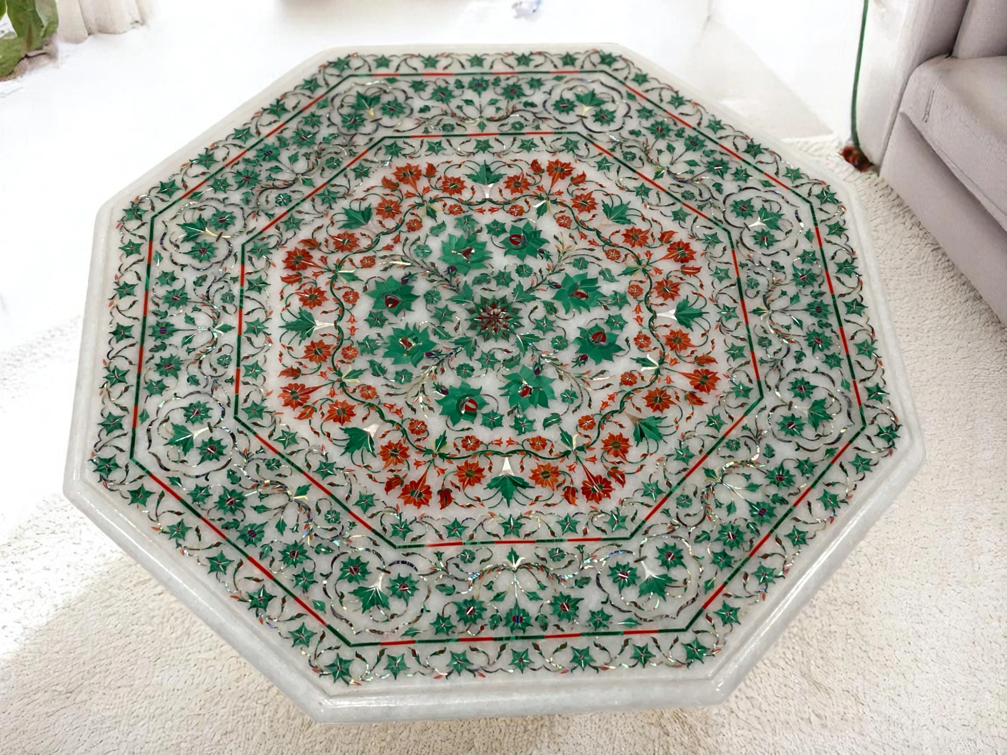 White Marble Side Table Top with Floral Marquetry Inlay Masterpiece